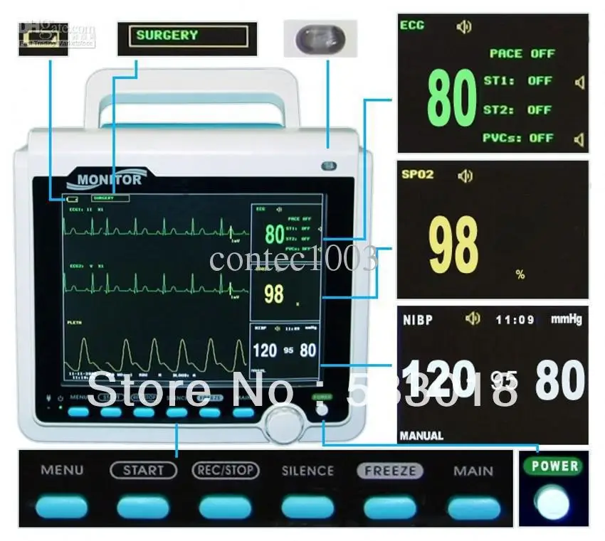 

CMS 6000B 8.4" Portable ICU CCU Healthcare With CE Approved w ECG, NIBP, SPO2, PR, Resp, ETCO2 Temp Patient Monitor