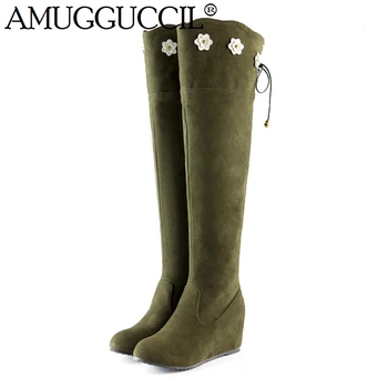 

Plus Big Size 34-43 Black Green Yellow Flower Lace Up Over The Knee Thigh High Winter Female Girls Lady Womens Winter Boots X770