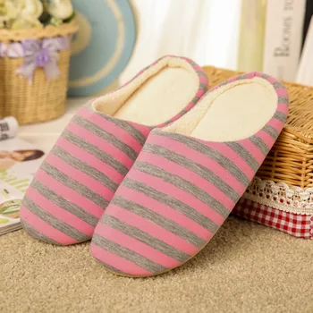 

Winter Warm Soft indoor floor Slippers Women Shoes Striped Cloth Bottom Universal Plush Home