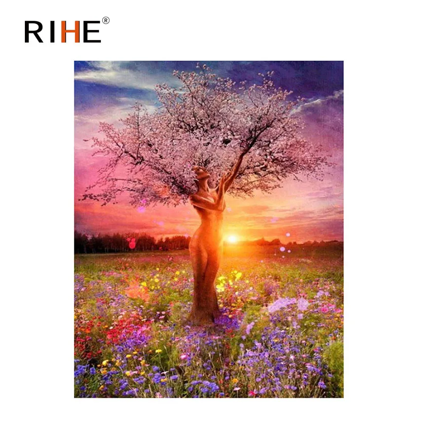 

RIHE Woman Tree Diy Painting By Numbers Dusk Flower Oil Painting Cuadros Decoracion Acrylic Paint On Canvas Modern Wall Art 2018
