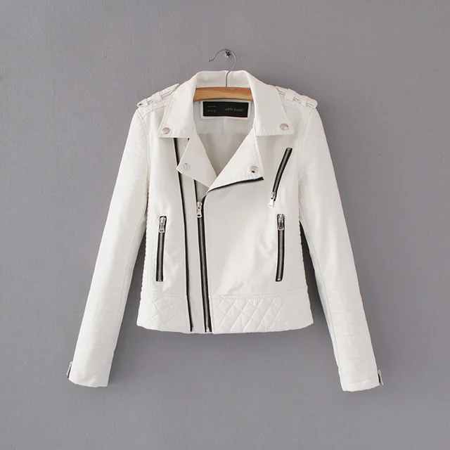 Новые модные женские демисезонные куртки из мягкой искусственной кожи женские мотоциклетные молнии байкерские синие пальто черная верхняя одежда Лидер продаж - Цвет: Белый