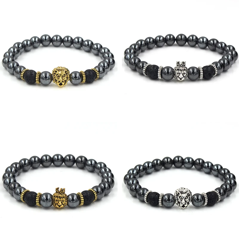 

Buddha Women Men Yogi Bracelets Pulseira Masculina Jewelry Crown Lion Charm Bileklik 8mm Hematite Stone Beads Elastic Braslet