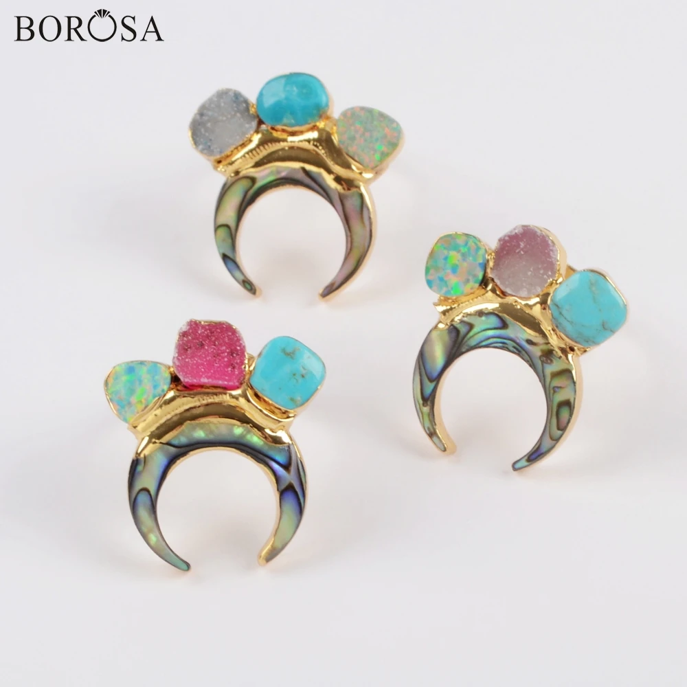 

BOROSA Design 5PCS Gold Color Horn Natural Abalone Shell & Three Rainbow Agates Druzy Turquoises Manmade Opal Ring Jewelry G1839