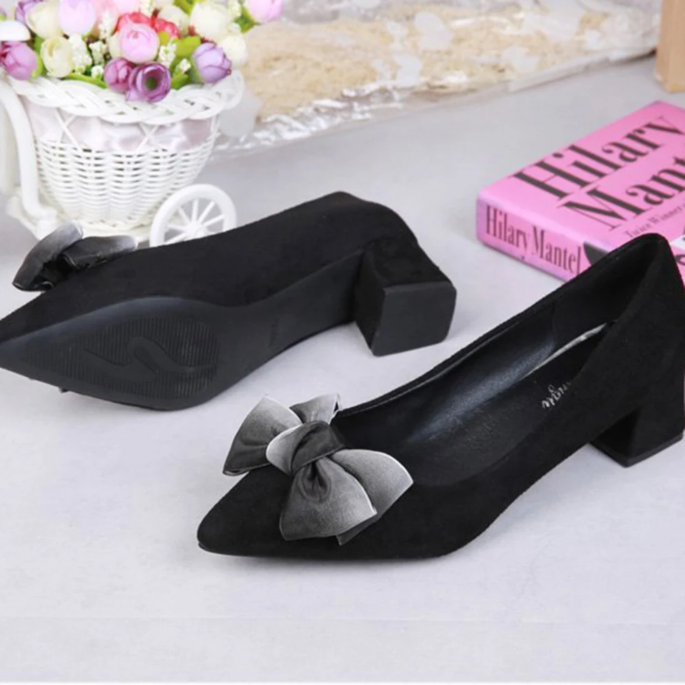 Classical Women Pumps Bowknot Suede Shoes Print Toe Chunky Heels Slip