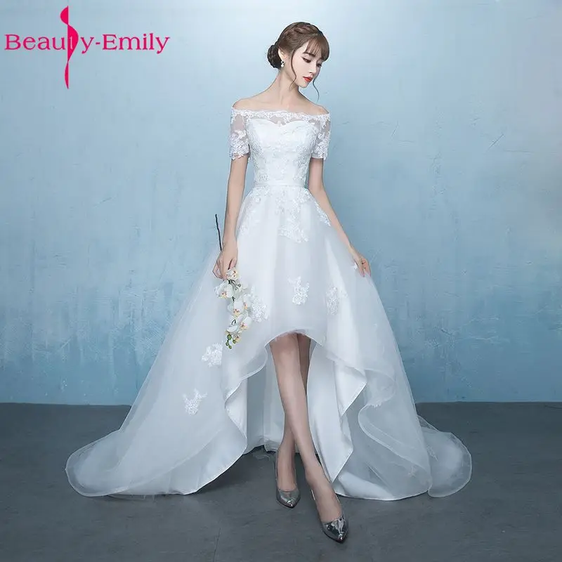 Beauty Emily White Asymmetrical Wedding Dresses 2018 Court Train