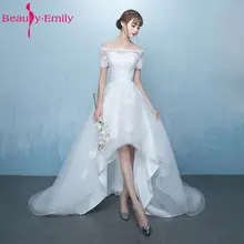Beauty-Emily White Asymmetrical Wedding Dresses 2017 Court Train Short Sleeve Boat Neck Lace Up Plus Size Bridal Dresses