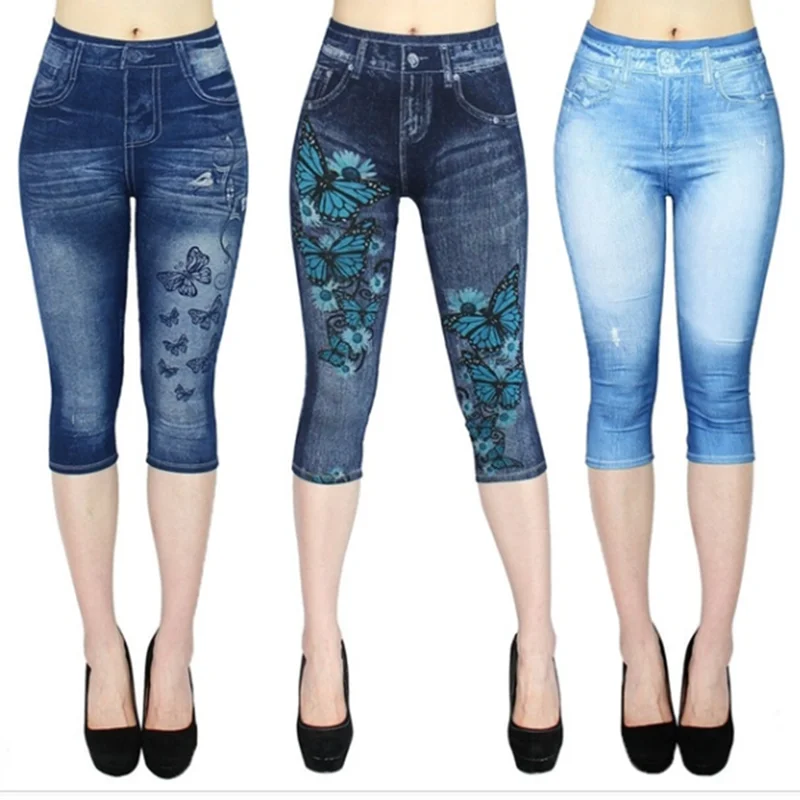 

2019 Capri Imitation Leggings Cropped Trousers Women Pencil Pants Slim Jeggings Denim Skinny Plus Size