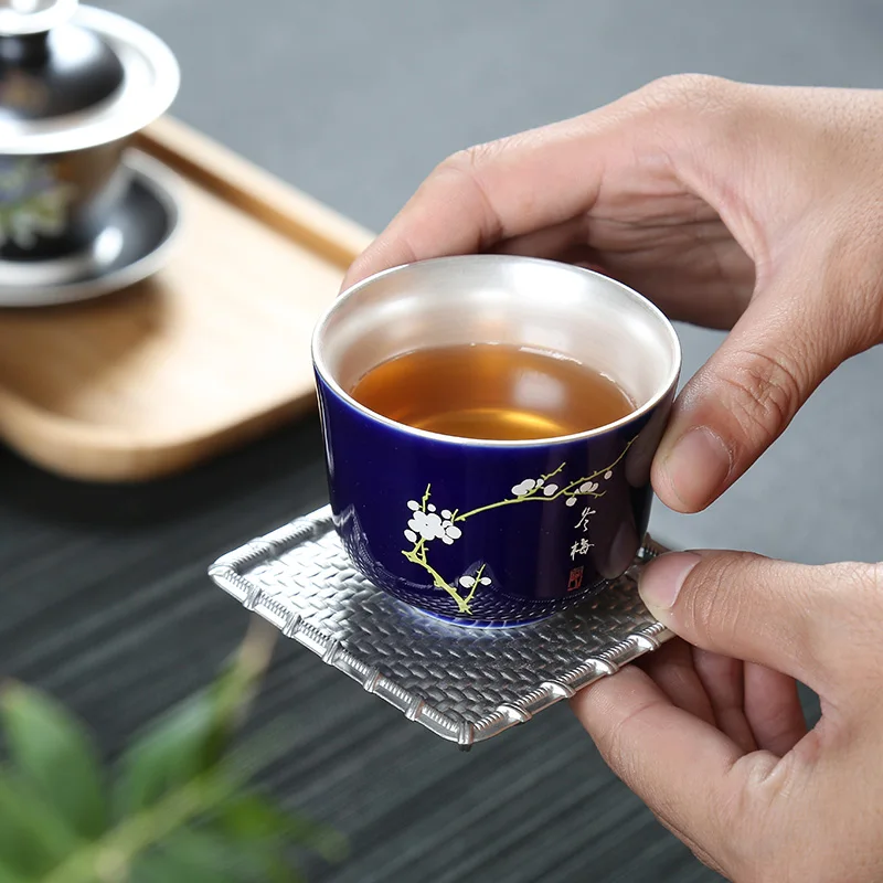 

cup 999 pure silver Chinese ceramic silver enamel teacup kitchen utensils