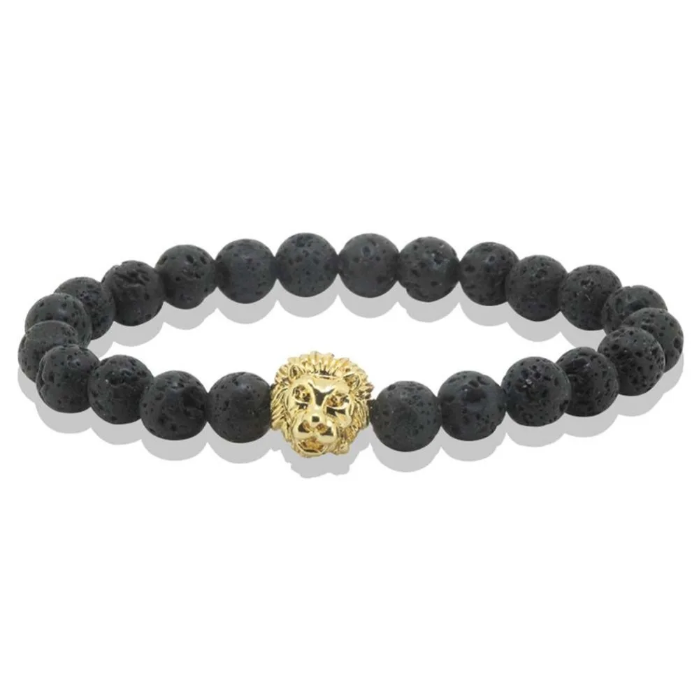 Antique 24K Leo Lion Head font b Bracelet b font Men Black Rock Lava Stone Beads