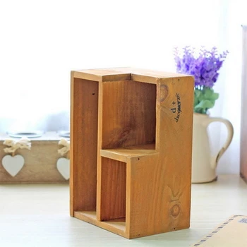 

Retro Wooden Hollow Pen Holder Multifunctional Desktop Storage Box Creative Office Supplies