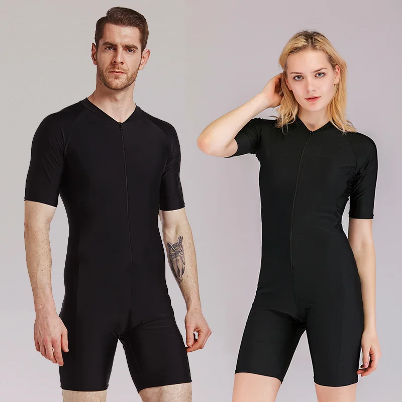 

Sbart One Piece Swimsuit Women men black Swimwear Short Sleeve UPF 50+ Quick-dry Beach Rash Guard diving Surf Suit front Zipper