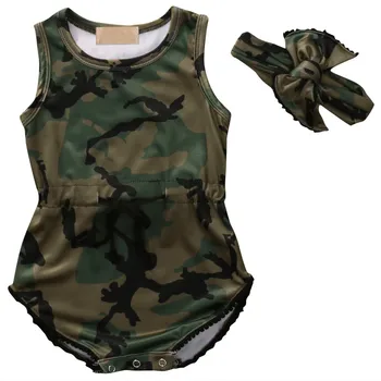 

Summer Adorable Baby Girls Bodysuits Infant Baby Girls Camo Sleeveless Bodysuit Jumpsuit Headband 2Pcs Clothes Outfits Sets
