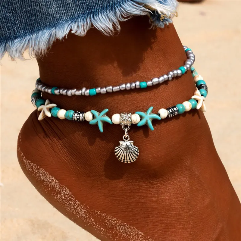 Vintage Shell Beads Starfish Turtle Anklets For Women Handmade Beaded Ankle Bracelet Foot Jewelry bracelet cheville femme
