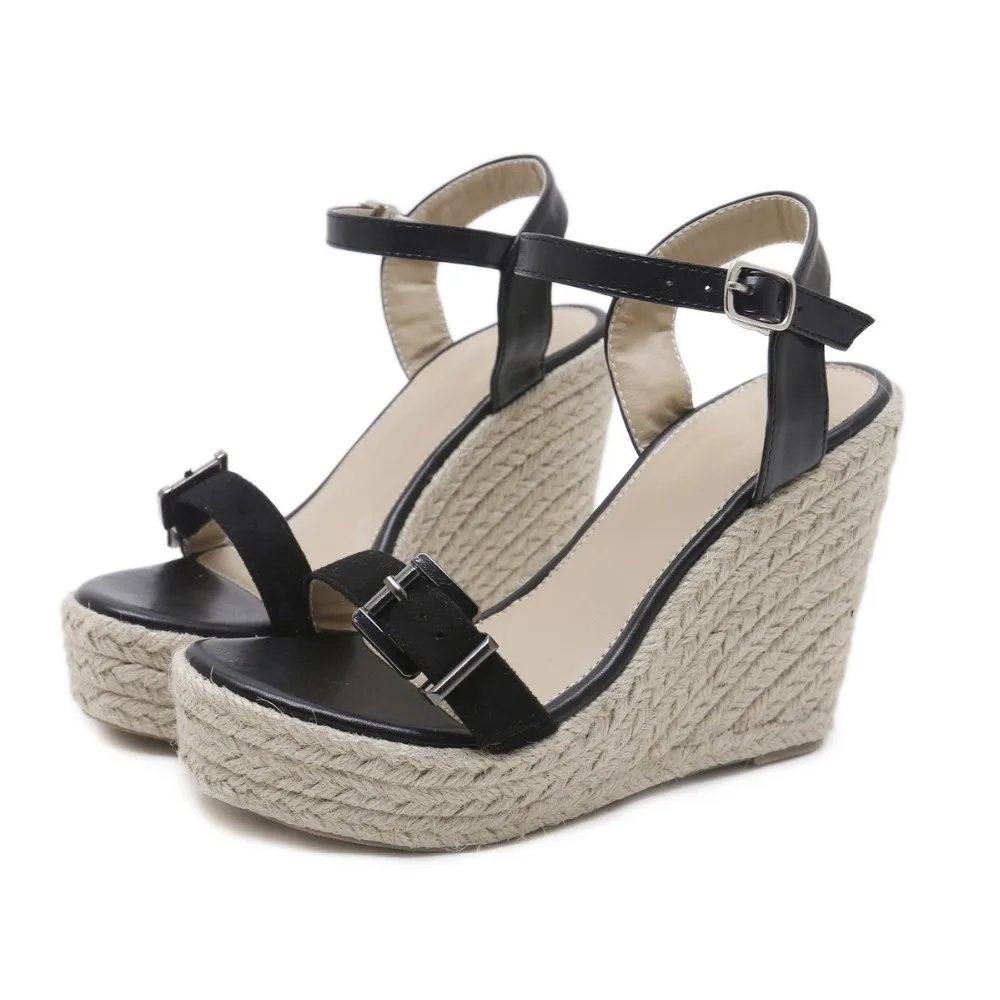 

Women Wedges Espadrilles 4 CM Platform, 11 CM Wedge Heel, Buckle Strap Summer Sandals Size 35-40 Black Beige