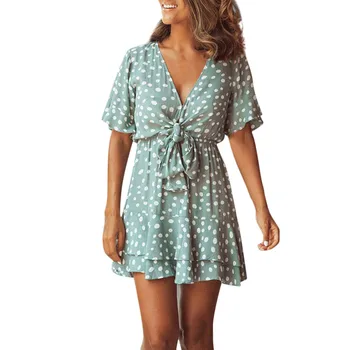 

Women's Casual V-Neck Buttons Printed Short Sleeved Ruffled Summer Mini Dress Women Beach Dress Sexy Fashion Clothes #GM