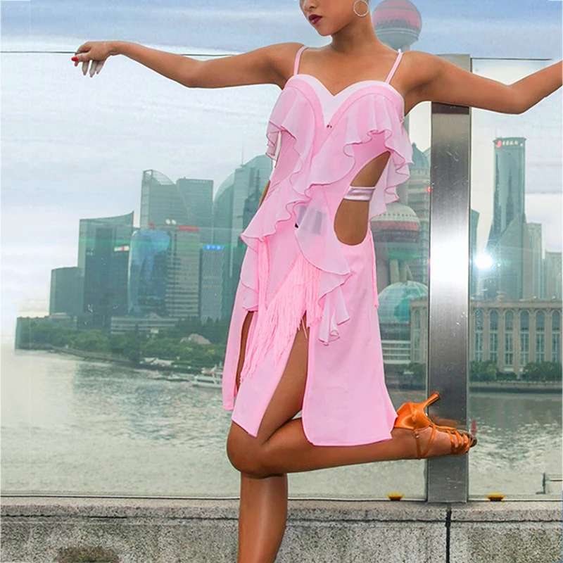 

Sexy Latin Dance Dress Ruffle Cha Cha Salsa Tango Samba Rumba Fringe Dresses Women Dancing Practice Wear Ballroom Outfit DC2523