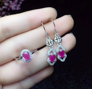 

Lovely Retro geometry Natural red ruby earrings ring Natural Gemstone Jewelry Set 925 Silver Women girl party gift fine jewelry