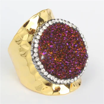 

Luxury Handmade Jewelry Dark Purple Druzy Drusy Rough Raw Stone Charms Pave Rhinestone Golden Metal Adjustable Open Unisex Ring