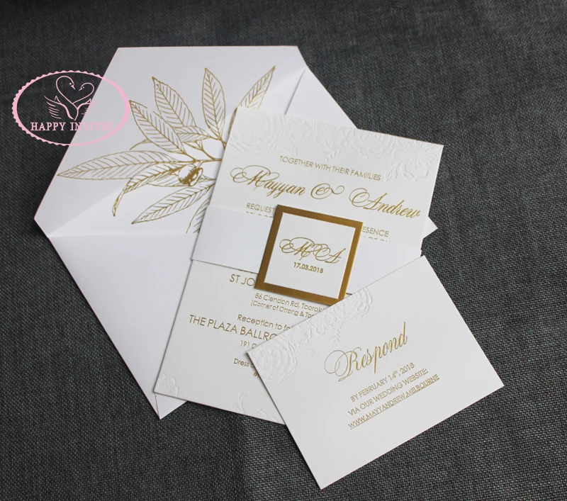HI1134 - 04 Top Grade  Customized Elegant White Invitation CARD made of 1800 GSM Cotton Paper with Gold Letterpress