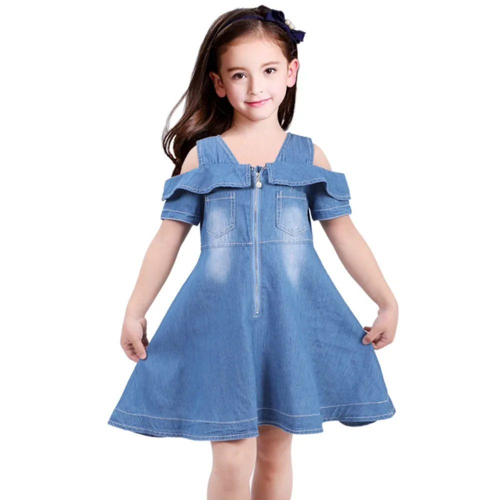 girl dresses 2018 summer girls fashion new denim zipper dew shoulder