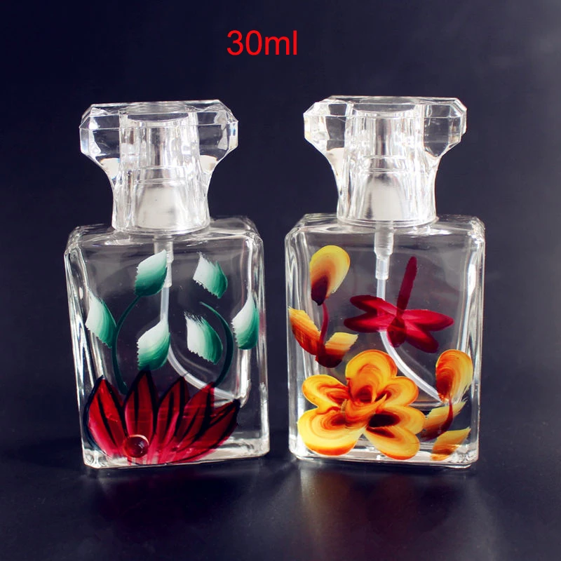 

1PC New Arrival 30ml Thick Glass Perfume Bottles with Hand Painted Flower Decoration Empty Spray Glass Bottle Refillable