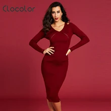 Clocolor Для женщин облегающее платье вязаное изделие v-образным вырезом полые пуловер длинный рукав до середины икры 2018 осень-зима модные женские туфли платье