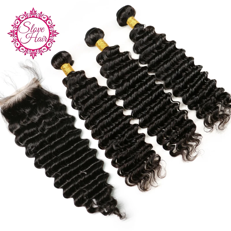 

Human Hair Bundles With Closure Remy Brazilian Deep Wave Hair Weave Bundles Extension Buy 3 Bundle Salon Pack Get Lace Closure