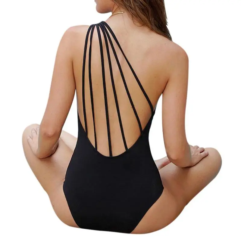 

Female solid color sexy push strap swimsuit black bandage retro single shoulder swimsuit swimsuit sexy back bikini set