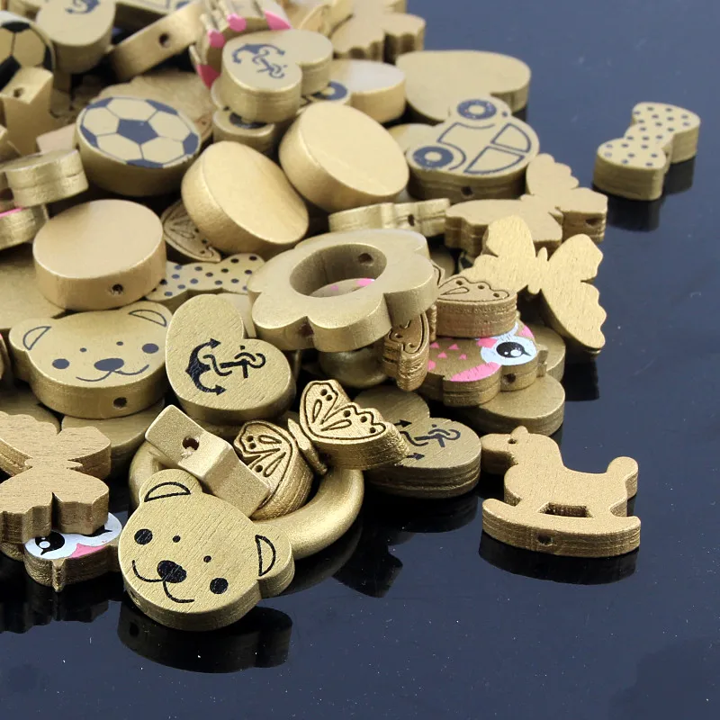 

50pcs Mix Wooden Beads Gold Color Spacer Beads Wood Beads for jewelry Making DIY Baby Rattle houten kralen Pacifier Clip