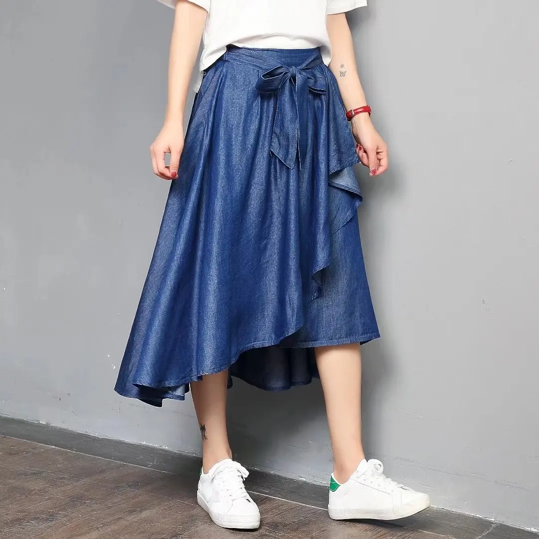 

Plus Size A-line Long Denim Skirts Women Loose Elastic High Waist Pockets Blue Solid Pleated Jean Skirt Female