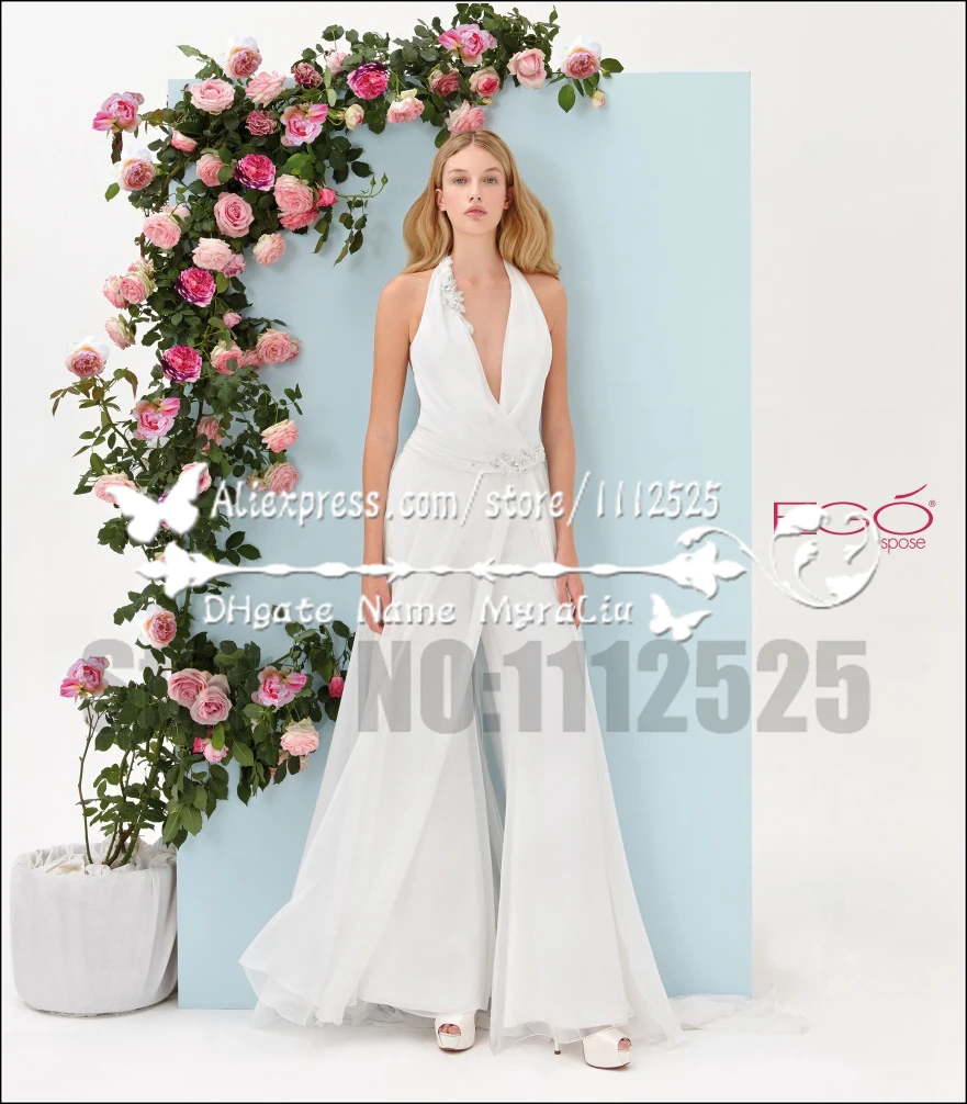 AWP 1009 Charming beach wedding pant suits chiffon bridal wear Deep V