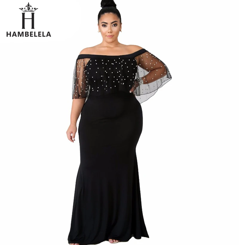 HAMBELELA Women Off Shoulder Maxi Dress Elegant Beaded Mesh Sleeve Bodycon Long Dresses Sexy Mermaid Gown Party Vestido De Festa (3)