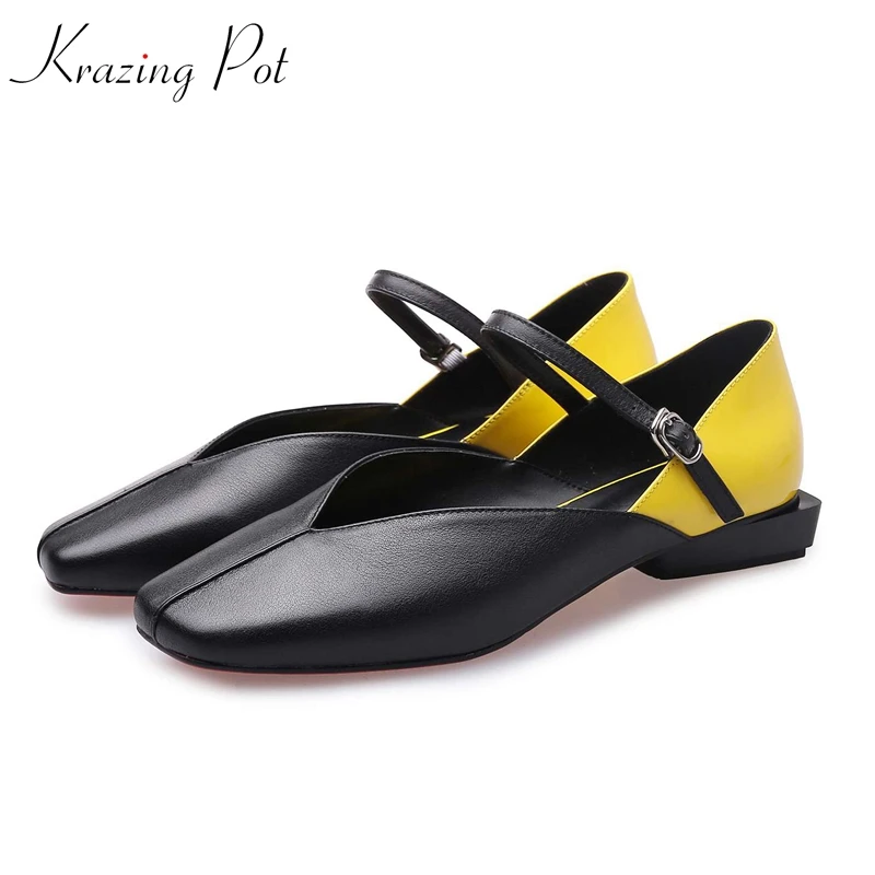 

Krazing pot genuine leather square toe female office lady superstar mixed color strange design low heels brand shallow pumps l57