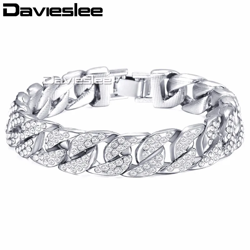 Davieslee 14 мм 20 см мужской браслет для женщин ювелирные изделия Iced Out Снаряженная кубинская цепь Желтое золото Заполненные проложили Стразы GB403 - Окраска металла: Silver GB408