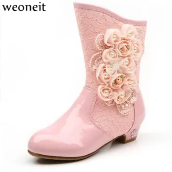 

Weoneit Autumn Winter Princess Girls Boots Fashion Kids Boots for Girls Beautiful Flower Children Boots for Wedding and Party