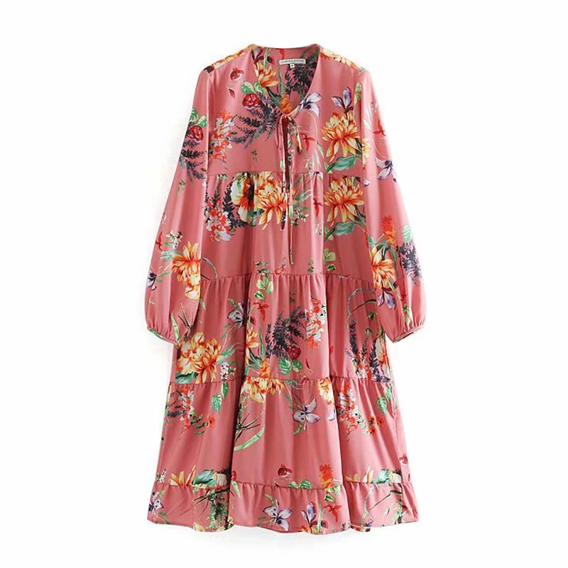 

Women Draped Chic Floral Print Full Long Sleeve V Neck Loose A Line Knee Length Dress FFZYQ116