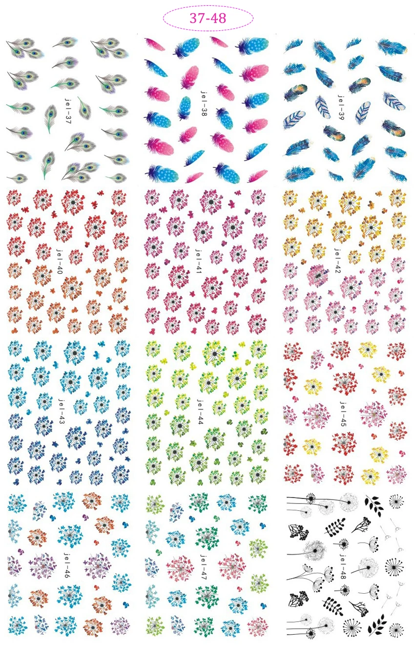 Tignish 48 листов/партия Смешанные Цветочные перьевые переводные наклейки для ногтей Переводные картинки художественные кончики украшения маникюрные стикеры на ногти