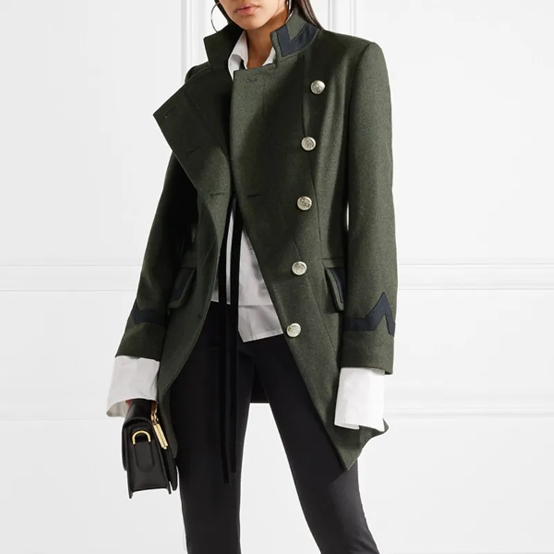 

2019 Army Green Women Wool Coat Autumn Winter New Stand Collar Military Style Side Single-breasted Slim Irregular Wool Overcoat