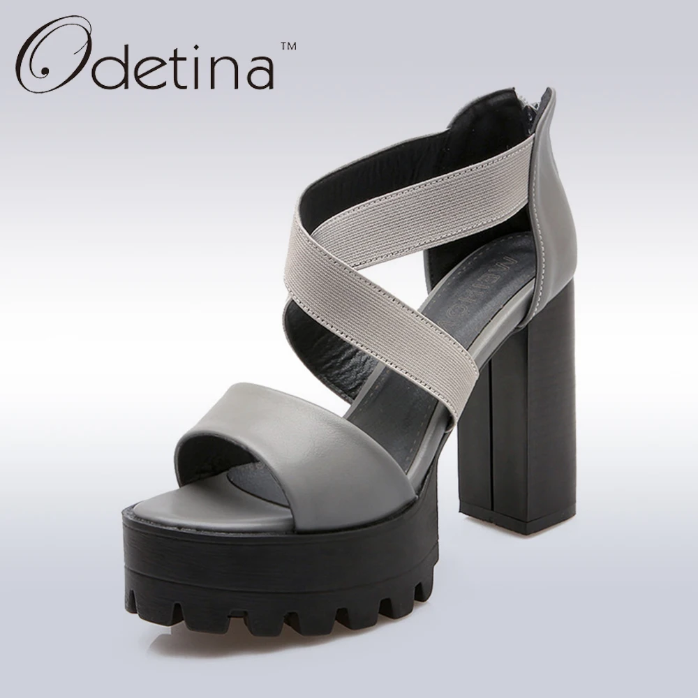 

Odetina 2017 Summer Elegant Women High Heel Platform Sandals Cross Strap Square Heels Peep Toe Sandals with Back Zipper Ladies
