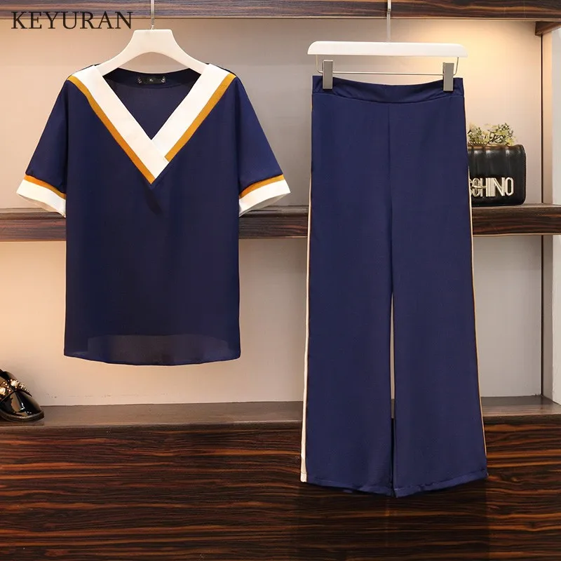 

Plus Size 5xl Two Piece Set Tracksuit Women Striped Patchwork Wide Leg Pants Feminino Casual Loose Woman Suit Female Costume