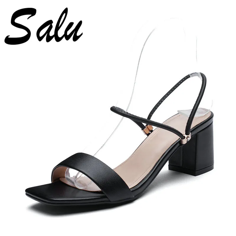 

Salu 2019 High Quality Sheepskin Sandals Slip-On Party Hot Sale Solid Shallow Shoes High Square Heel Wedding New Sandals