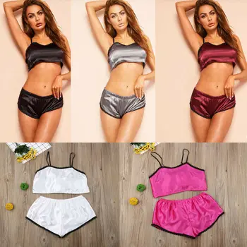 

Hirigin 2PC Women Sexy Lace Satin Pajamas Set Spaghetti Strap Vest+Short Pants Nightwear Sleep