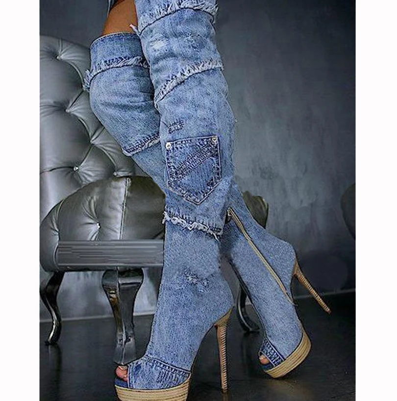 Womens Peep Toe Long Boots Blue Denim Boots For Women Thin High Heel Womens Thigh High Boots Open Toe Woman Over The Knee Boots