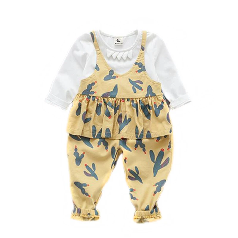 

2017 Spring Baby Girls Set Solid White Shirts+Cactus Printed Pants 2Pcs Suits Toddler Girls Clothing Set Infant Kids Clothes Set