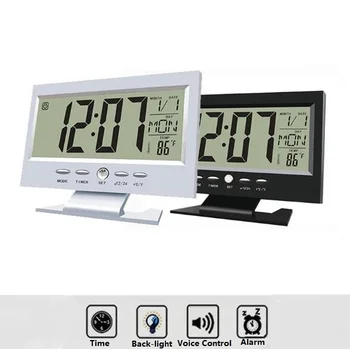 

50Pcs/Lot Household Voice Control Back-light LCD Alarm Desk Clock Weather Monitor Calendar With Thermometer