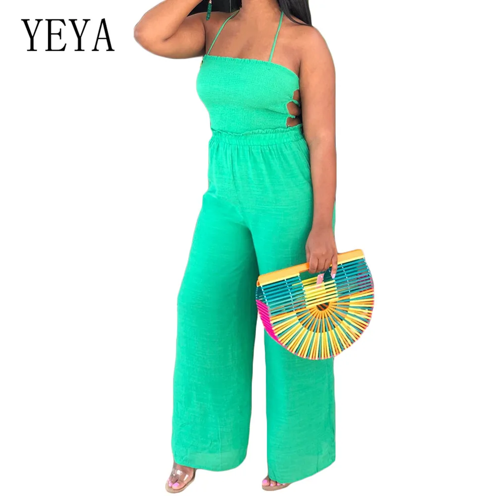 

YEYA Sexy Backless Hollow Out Wide Leg Jumpsuits Women Sleeveless Halter Casual Loose Playsuits Summer Leisure Go Out Overalls