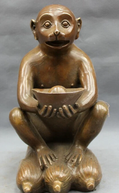 

JP S0608 11" Folk Chinese Bronze Copper Year Zodiac Wealth YuanBao Monkey Statue On Corn B0403