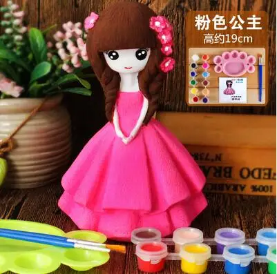 

19cm Pink princess Children's mannequin coloring toy plaster doll Piggy bank mannequin Gift 12 color paint pen palette 1set A262