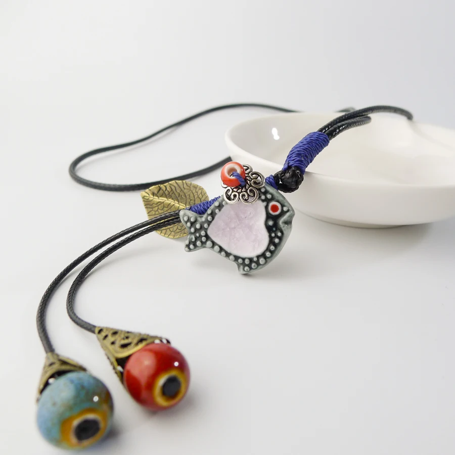 

Long Rope Ceramic fish pendant Necklaces Handmade DIY fashion Necklace for women #EY106