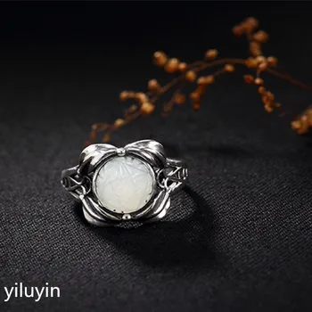 

KJJEAXCMY boutique jewelry S925 Sterling Silver gilded antique inlaid and field jade white jade plum blossom ring finger ring